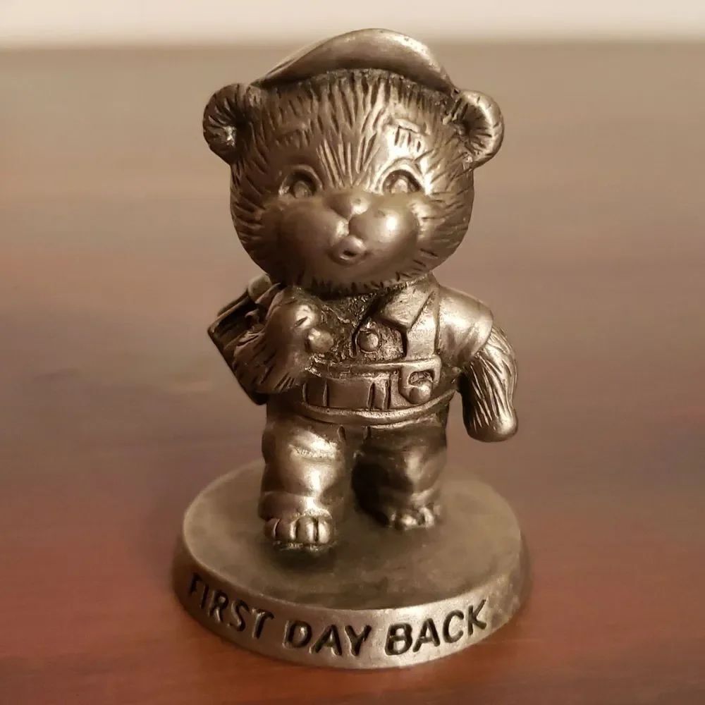 Vintage Avon "First Day Back "Small Pewter Figurine Bear with Schoolbooks (1983)